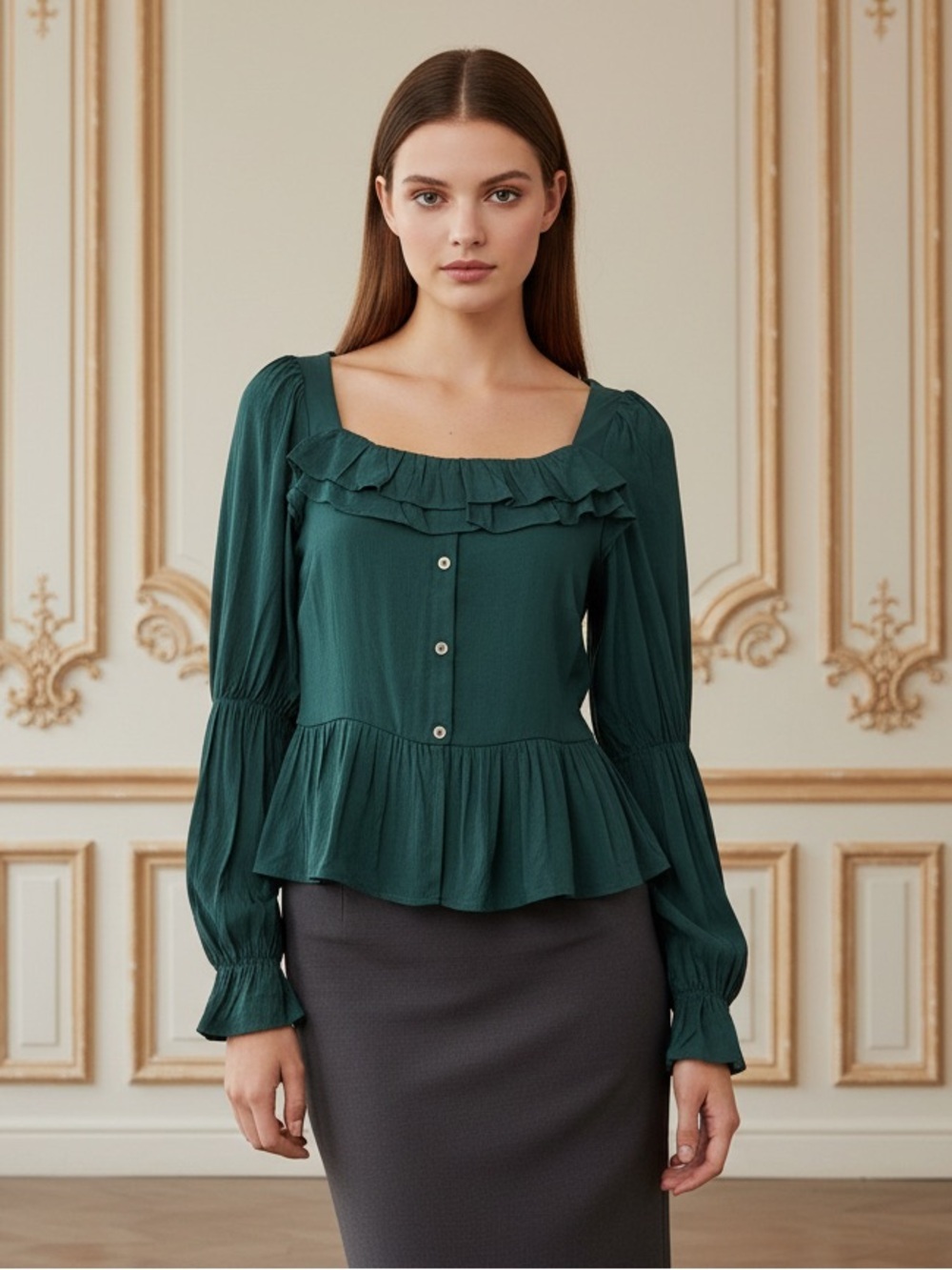 ANDREE BY UNIT Hunter Green Button-Up Blouse Square Neckline With Ruffle Detail